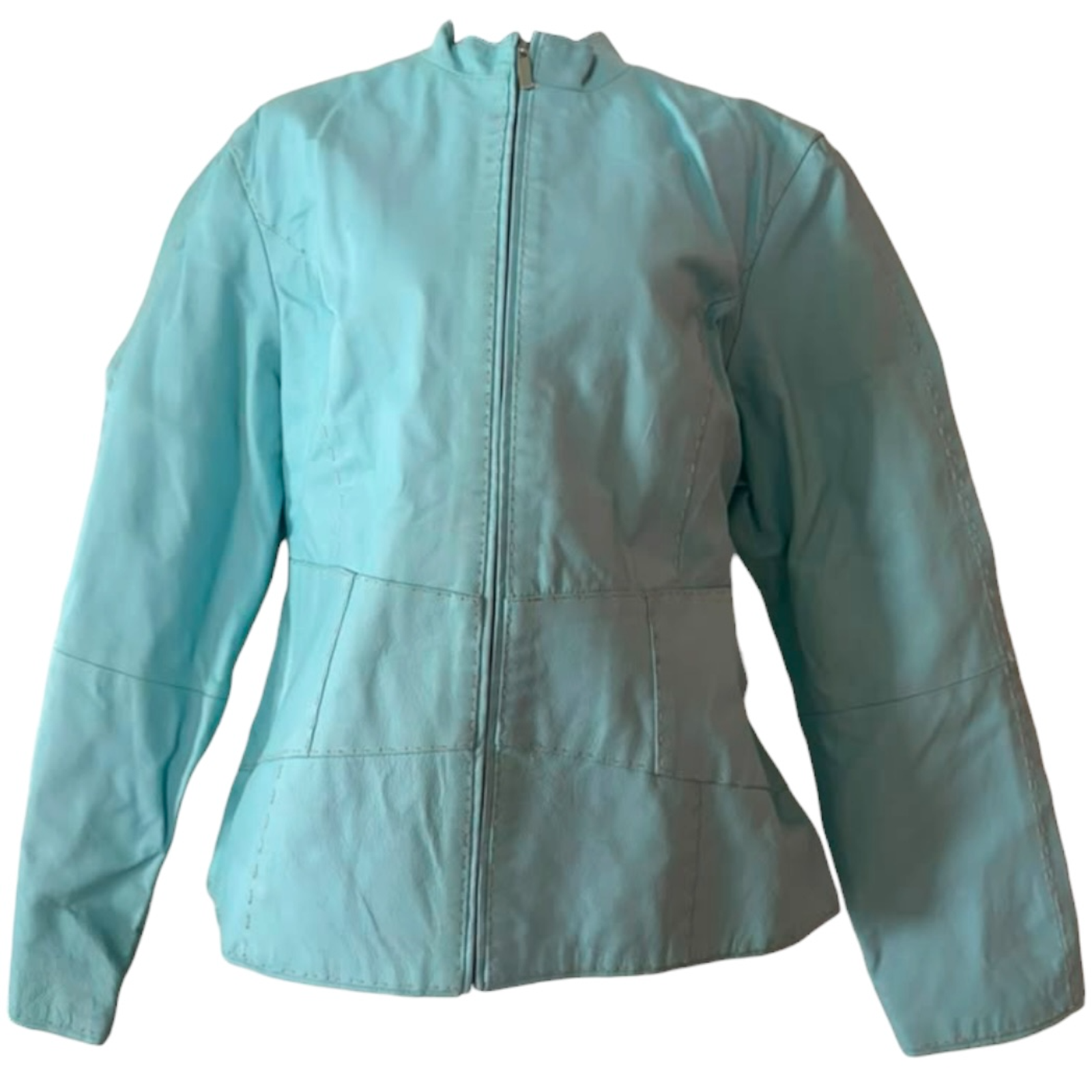 Pamela Mccoy Collections Blue Genuine Leather Mandarin Collar Jacket Large Nwt — image 2 of 8